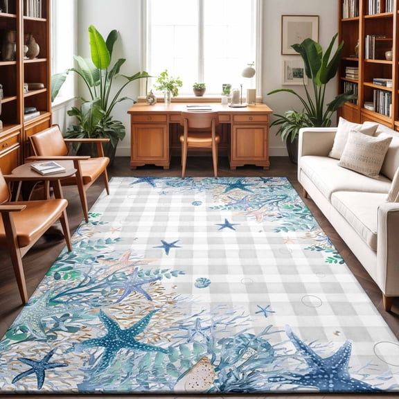 Area Rugs 3'x5', Blue Coastal Carpet Runner Indoor Outdoor Rugs Home Decor Aesthetic, Summer Beach Nautical Coral Starfish Plaid Non Slip Mats Washable Accent Rug for Living Room Bedroom