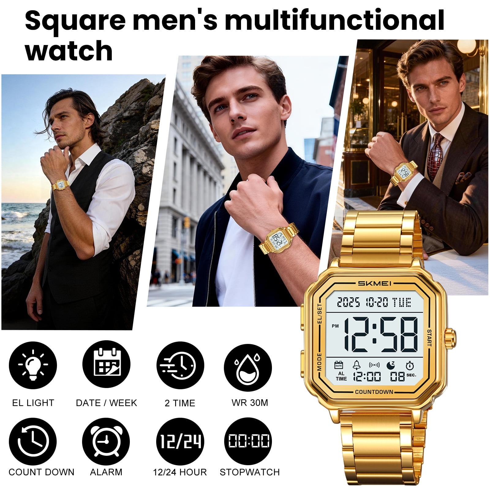 SKMEI Mens Digital Watch Sports Waterproof Outdoor Large Face Military Watches for Men with Stopwatch LED Back Ligh Alarm