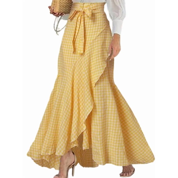 Women'S Retro Plaid Maxi Skirt A Line Pleated Flared Elastic High Waisted Gingham Summer Swing Long Skirt Yellow L