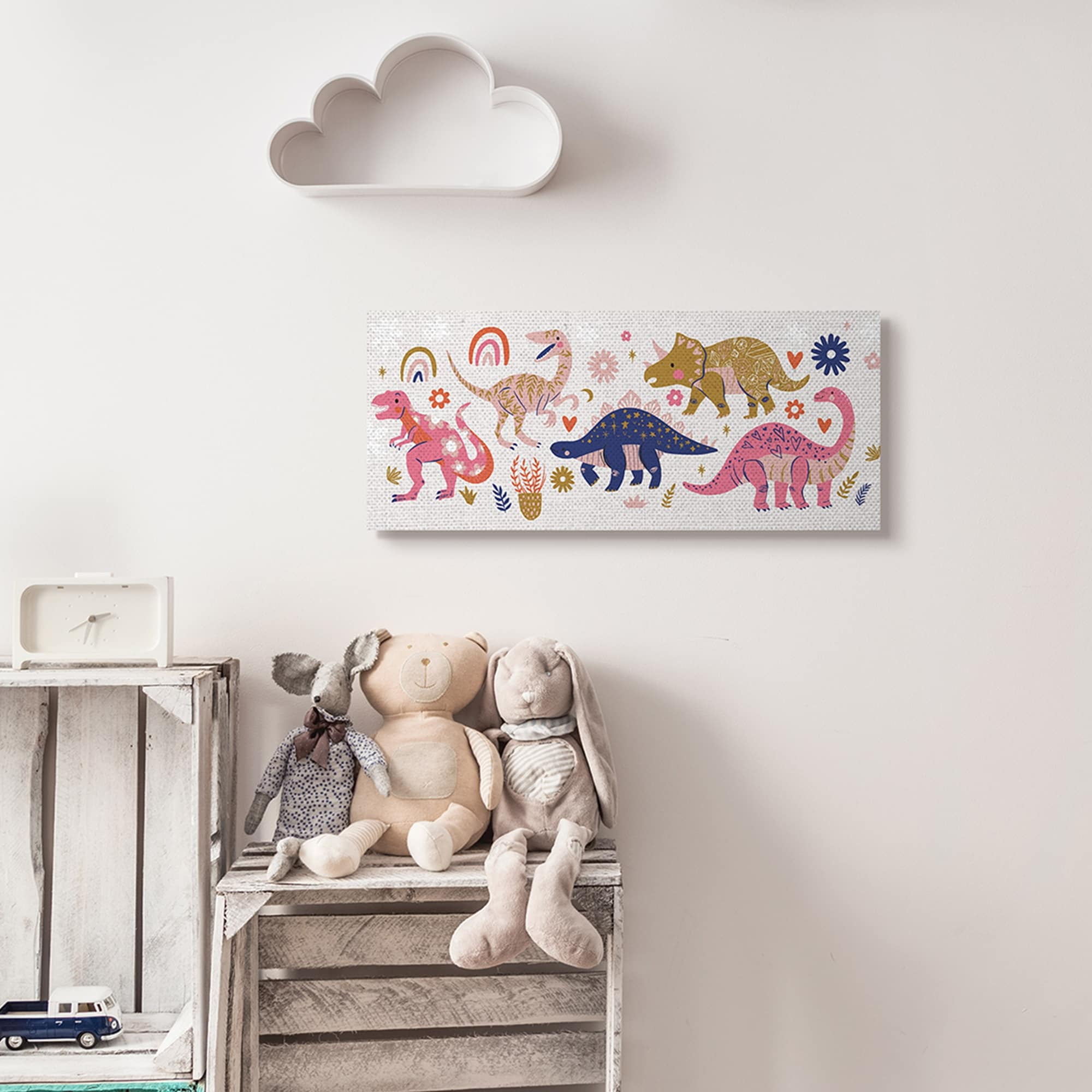 Stupell Industries Happy Whimsical Dinosaurs with Rainbow Florals,17 x 40,Designed by Arrolynn Weiderhold