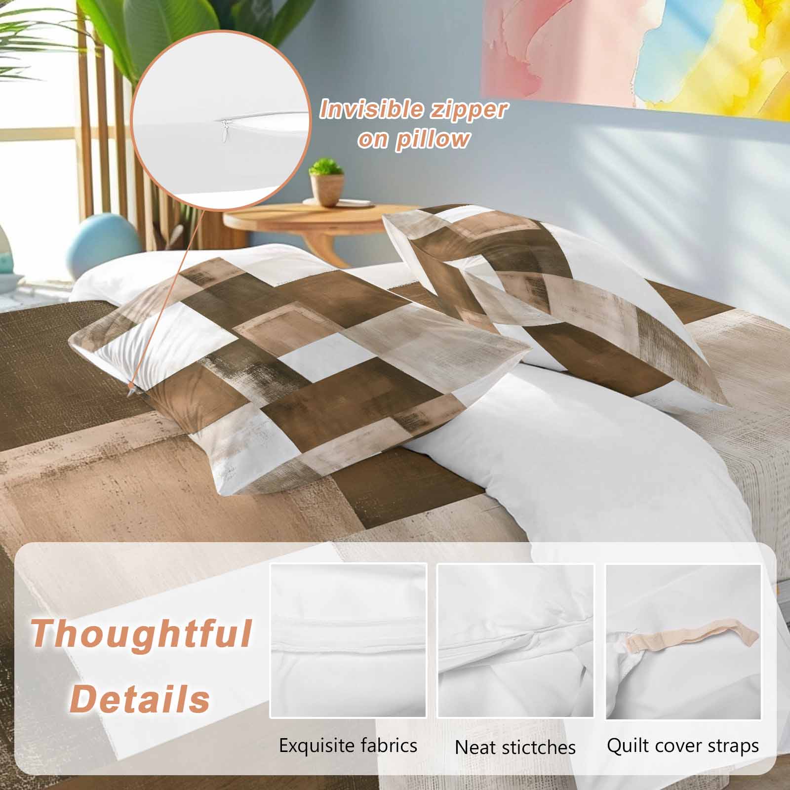 Brown Abstract Duvet Cover Set Full Size Modern Rustic Geometric Color Block Plaid Soft Lightweight Comforter Covers 4 Piece Bedding Set with 1 Duvet Cover 1 Bed Sheet & 2 Pillow Shams
