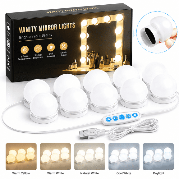 10Pcs LED Makeup Comestic Mirror Light Kit with Dimmable Light Bulbs,Stick on Dimmable Makeup Lights,Hollywood Vanity Makeup Mirror Light Bulb