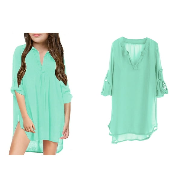 Girls Cover Ups for Swimwear V-Neck Long Sleeve Chiffon Shirt Cute Tee Shirt Teen Girl 4T