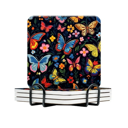 

Drink Coasters Set Of 4 With Holder Colorful Butterflies And Flowers Illustrated In The Style Of Folk Art Water Absorbent Ceramic Coasters Tabletop Protection Suitable For Various Cup Home Decor