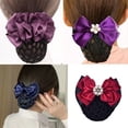 thumbnail image 7 of Linyer Women Hair Bun Cover Net Rhinestones Snood Bowknot Barrette Clip Bow Lace Flower Party Headwear for Stewardess Worker Red, 7 of 7