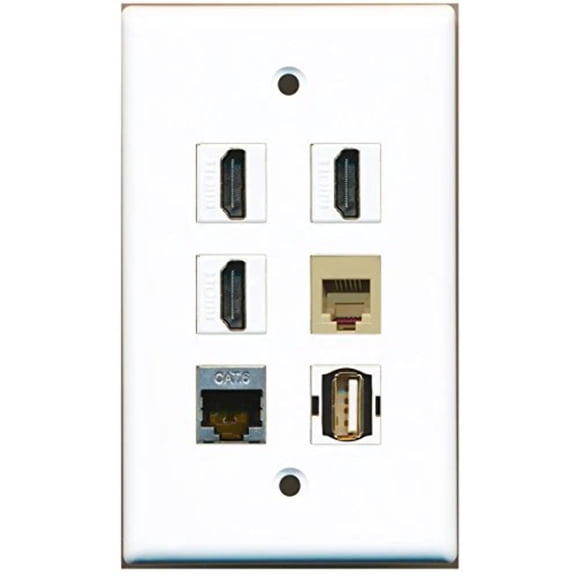 RiteAV - 3 HDMI 1 Port USB A-A 1 Port Phone RJ11 RJ12 Beige 1 Port Shielded Cat6 Ethernet Wall Plate