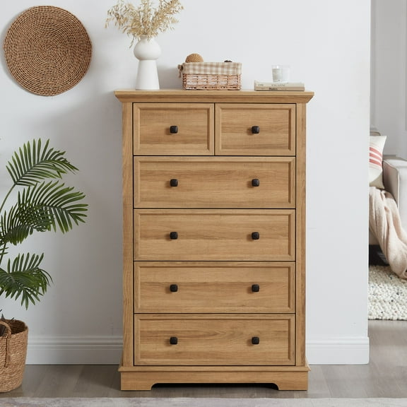 Noble House Preton 6-Drawer Oak Dresser, Tall Farmhouse Modern Clothes Storage Chest Organizer for Bedroom, Oak