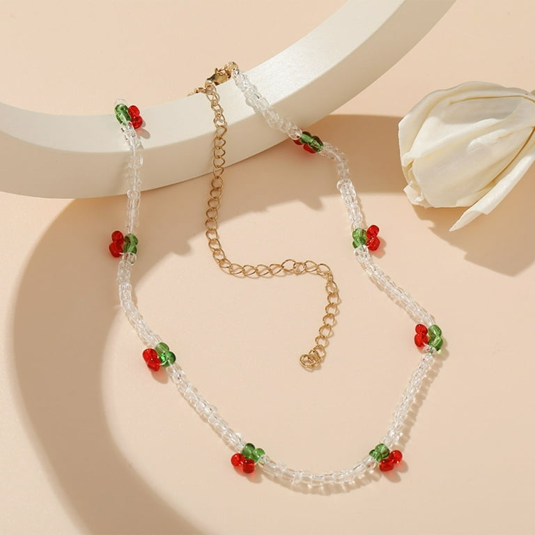 Cute Strawberry Pendant Necklace For Women - Red Cherry Charm With Pearl Accents, Bohemian Multi-Layer Choker Jewelry