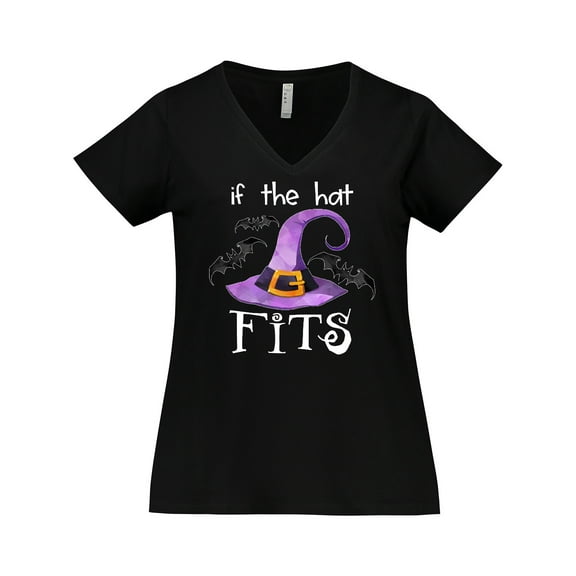 Inktastic If the Hat Fits Halloween Witch Hat and Bats Women's Plus Size V-Neck T-Shirt
