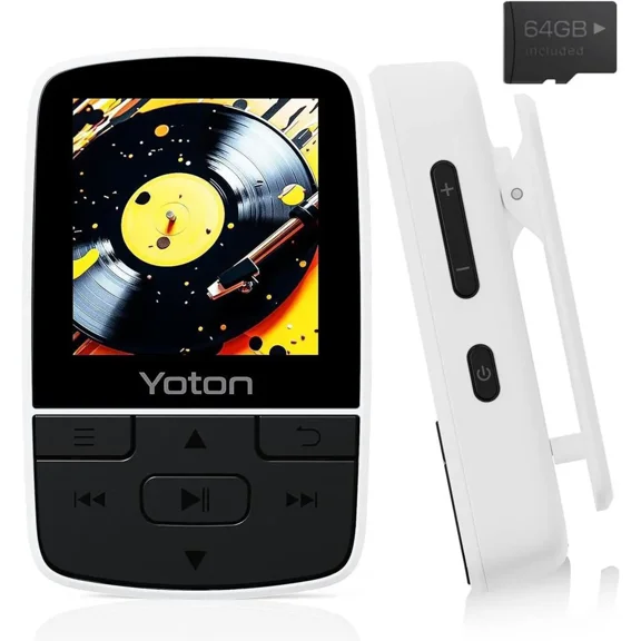 YOTON MP3 Player with Bluetooth 5.2, 64GB Storage Included, Mini Size, HiFi Music, with Sports Clip, Independent Volume Control, FM Radio, Includes Headphones, White