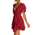 thumbnail image 6 of USSUMA Dresses For Women Party Casual,Women's Summer Dress Deep V-Neck Short Sleeve Waist Tie Ruffle Mini Swing Skater Dresses, 6 of 8