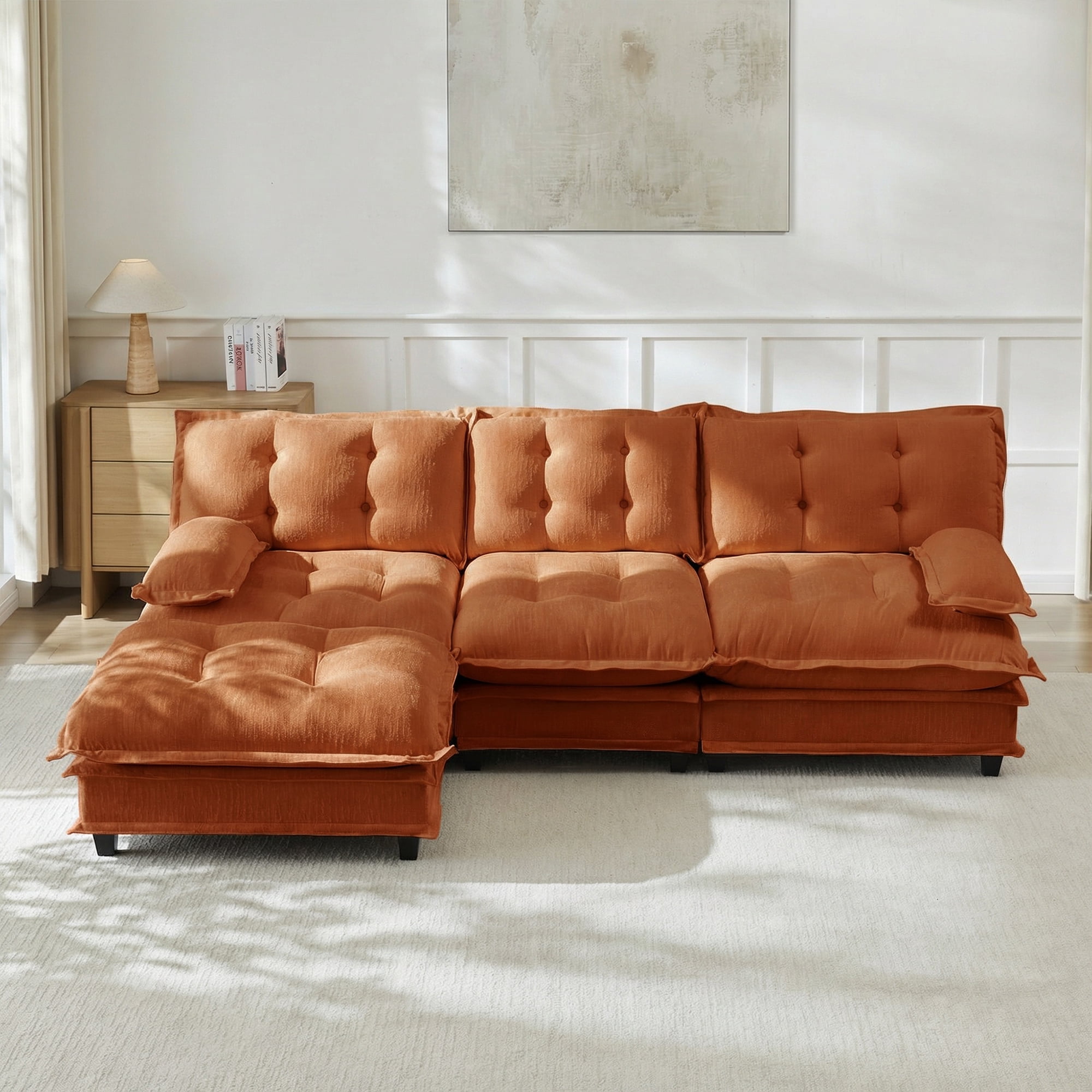 AISWORD 107" L-Shaped Modular Sectional Cloud Sofa with Ottoman, Chenille Fabric Deep Seat Couch with Lattice Decored Cushions
