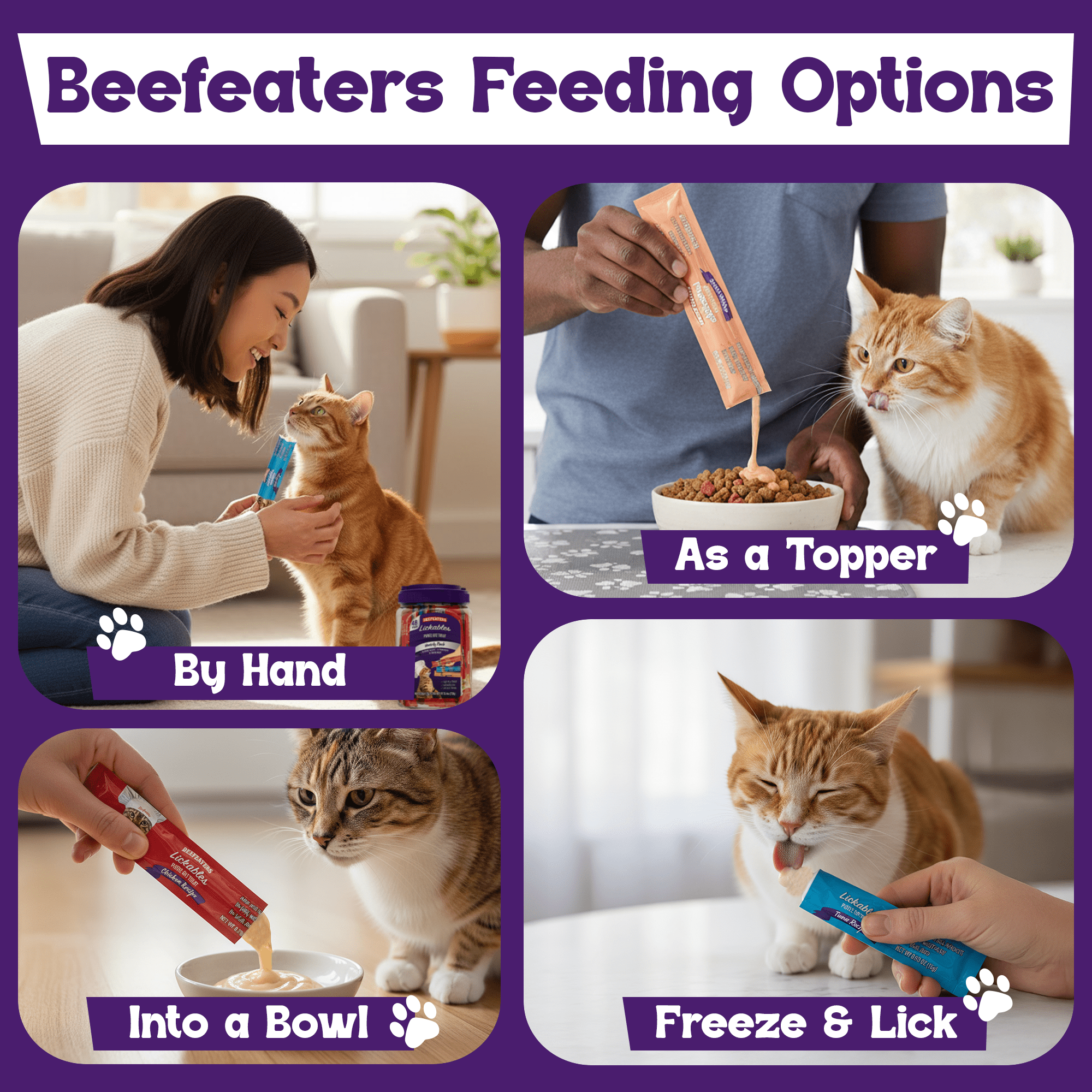 Beefeaters Wet Cat Treats Lickable 48ct Puree Variety Pack - Salmon Tuna Chicken for Hydration & Training, Grain Free Taurine Enriched High Moisture, Lickable Cat Treats & Everyday Treating