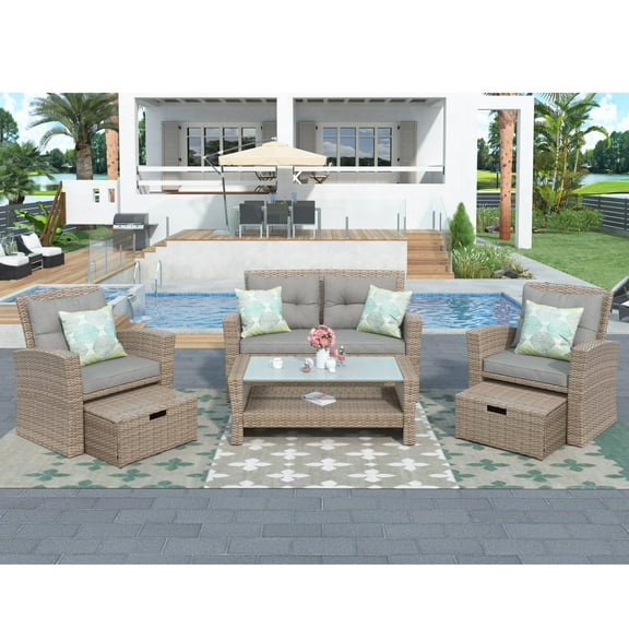 Harper & Bright Designs 4 Pieces Patio Wicker Chair with Ottoman and Coffee Table, Outdoor Rattan Loveseat Sectional Sofa Furniture Set for Garden, Gray Cushions