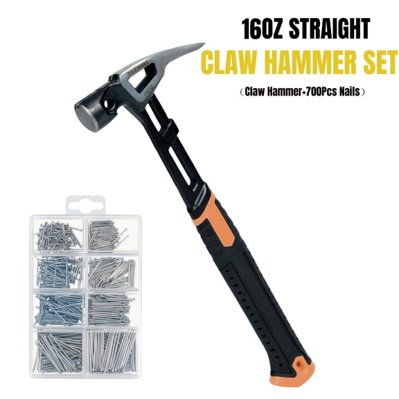 16oz Claw Hammer with 700-Piece Galvanized Nail Set, One-Piece Forged High-Carbon Steel, Non-Slip Nylon Handle, for Home Improvement, DIY, Woodworking, Carpentry, and Household Repairs