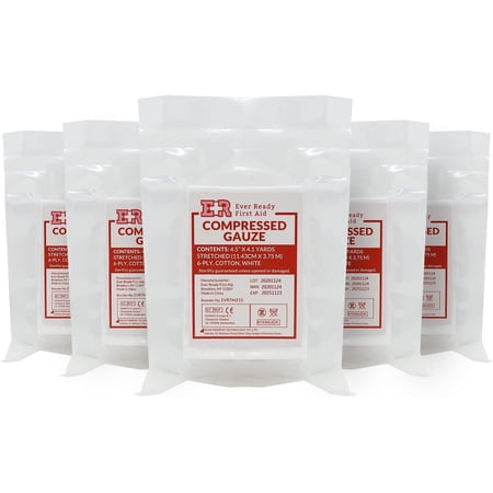 Ever Ready First Aid Compressed Sterile Gauze, 6-Ply Emergency Medical Dressing for First Aid Kits – 4.5” x 4.1 Yards - 5 Pack