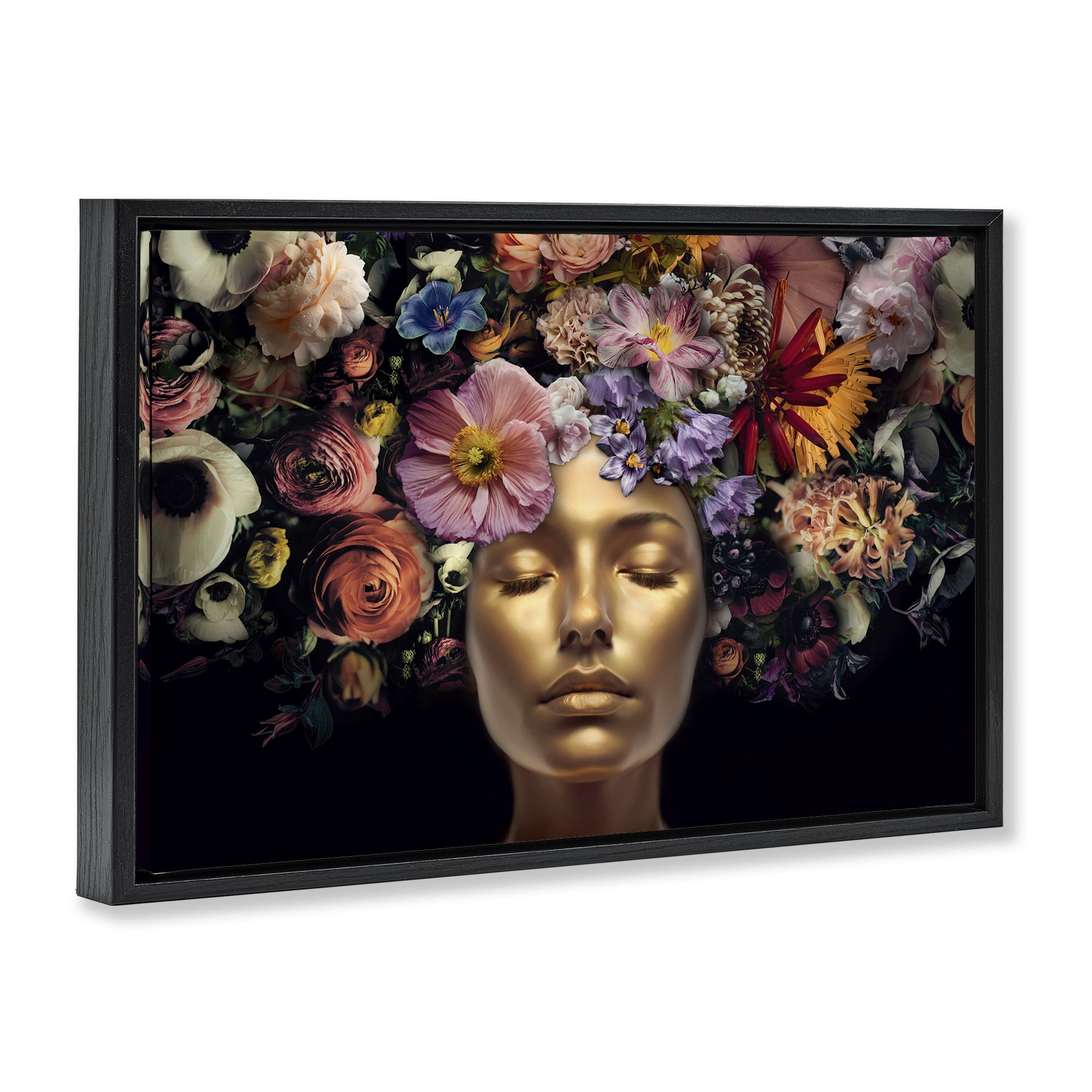 Stupell Industries Gold Face with Flowers Plants & Flowers Painting Black Floater Framed Canvas Art Print Wall Art, 25 x 17