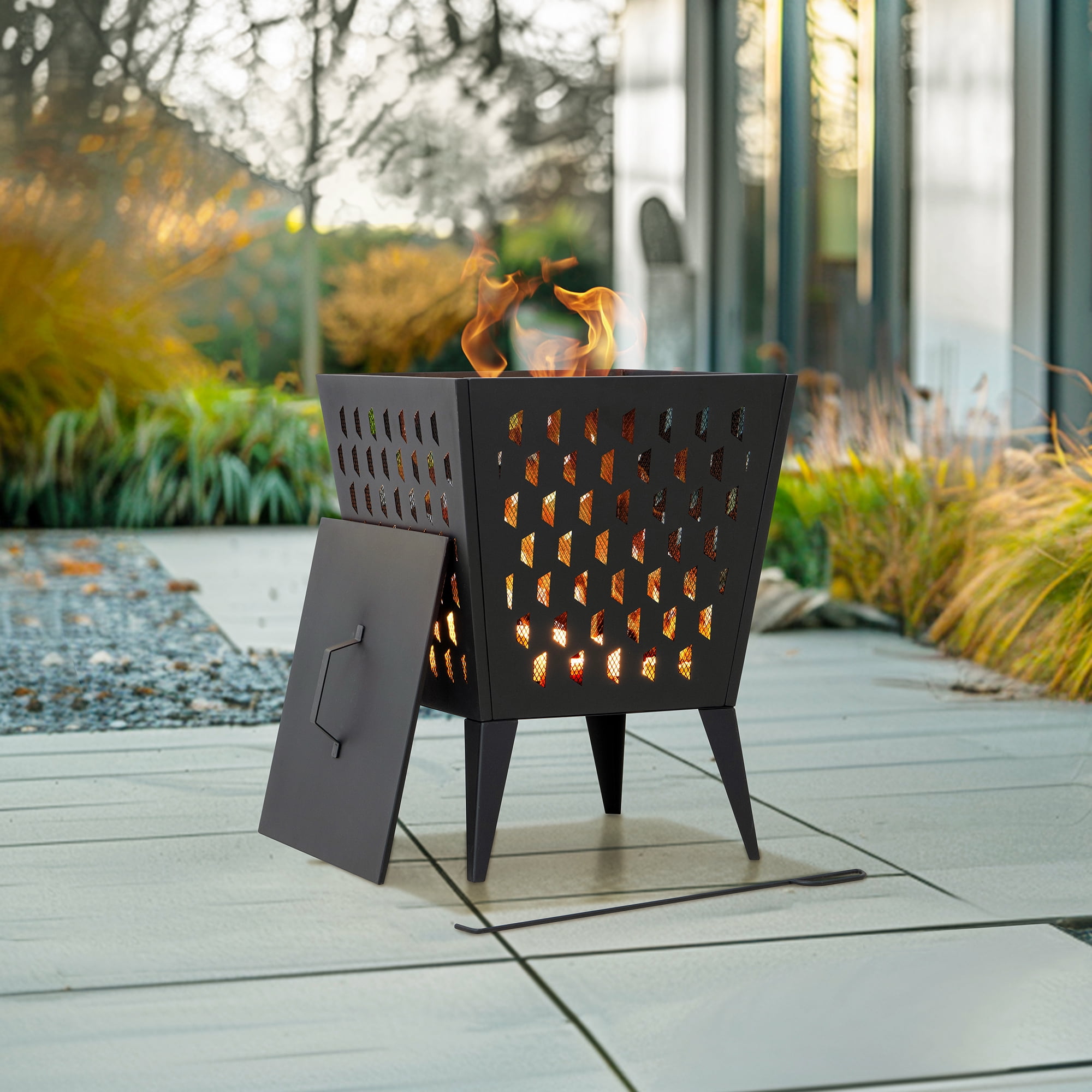 Sunjoy 18 in. Hartefeld Fire Pit, Steel Outdoor Patio Fire Pit Wood Burning Backyard Fire Pit with PVC Cover and Fire Poker