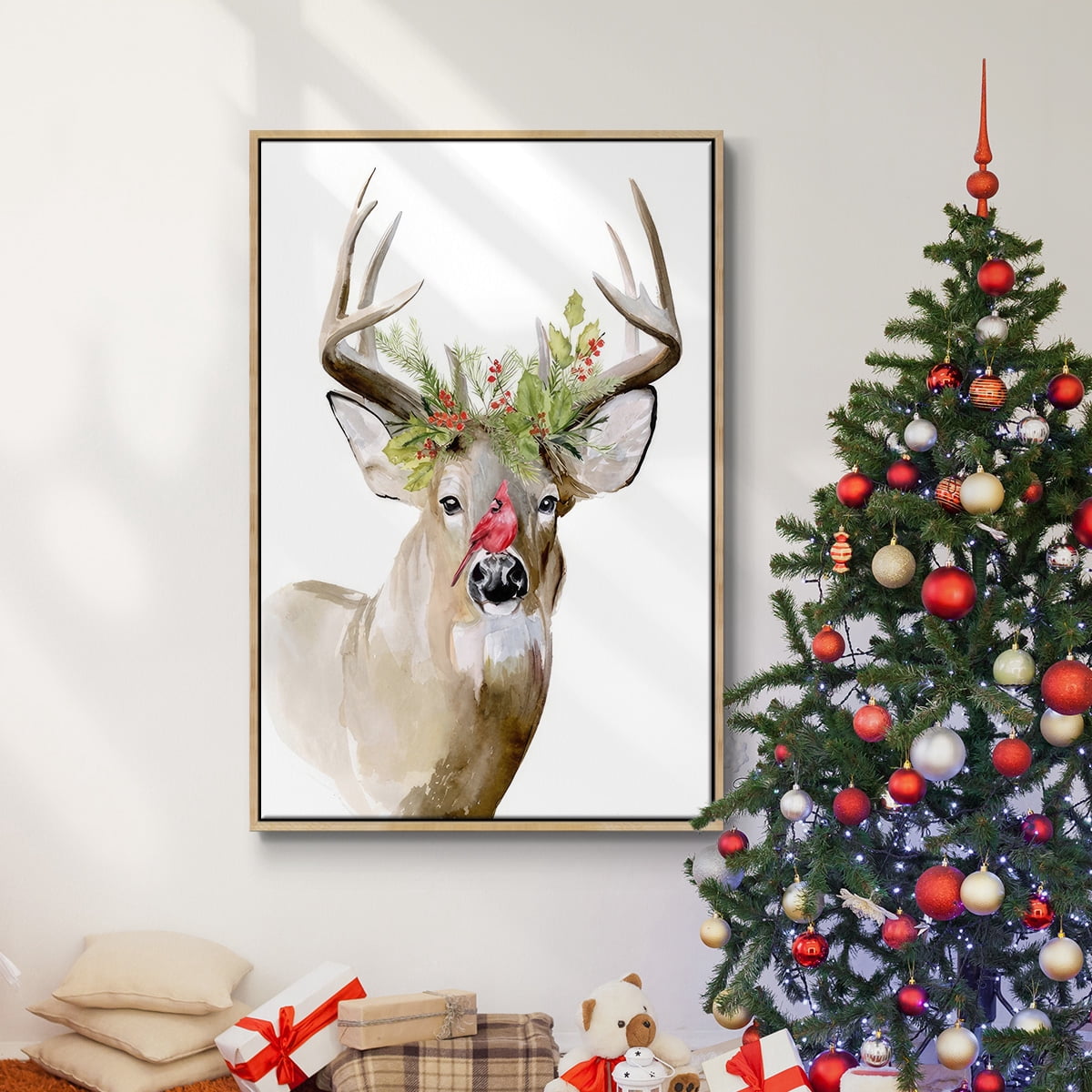 Holiday Deer II - Framed Gallery Wrapped Holiday Canvas - 17 x 25 - Natural Wood Frame