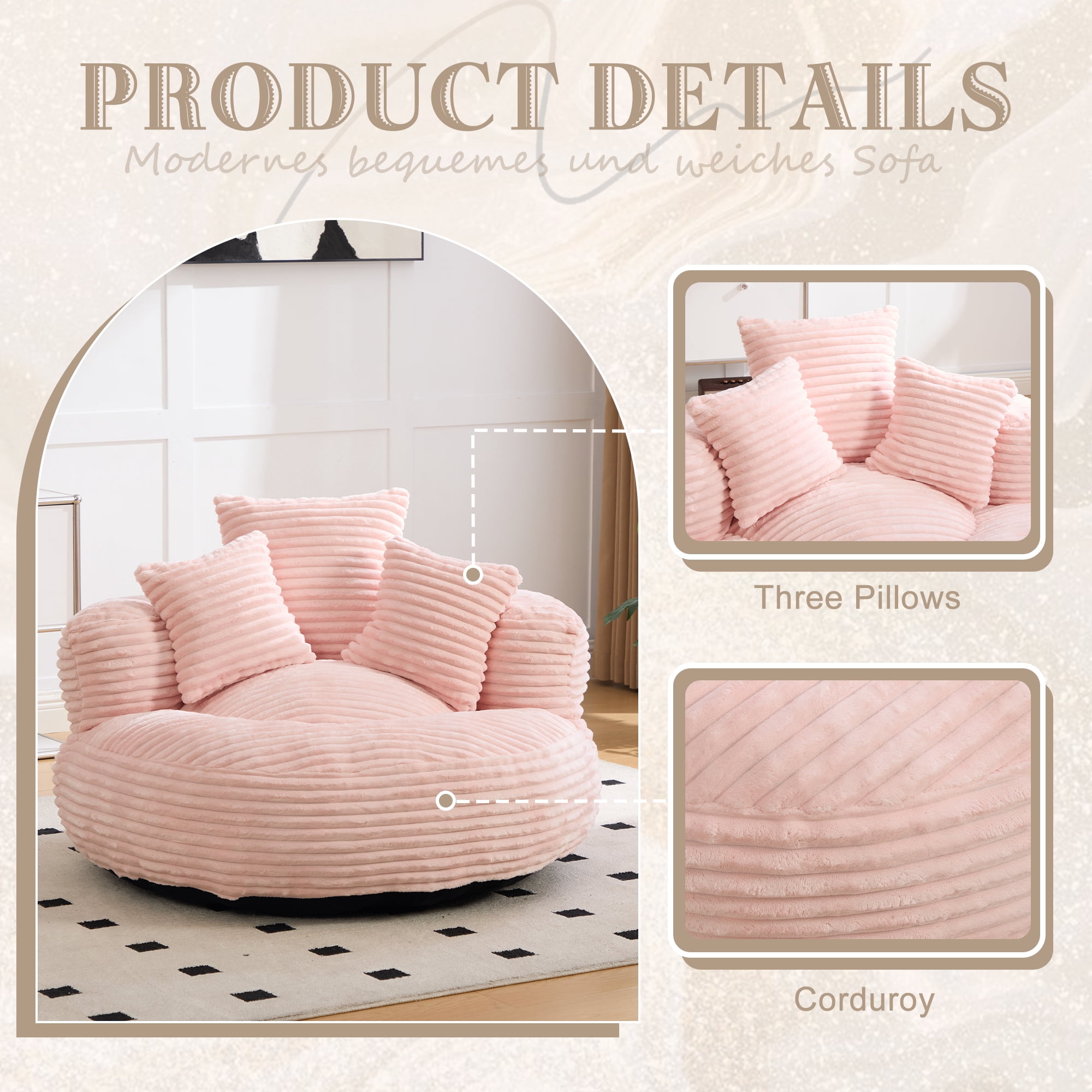 Aukfa 42.5"W Oversized Round Chaise Lounge Chair Indoor, Corduroy Floor Sofa with 3 Pillows, 550 lbs, Pink