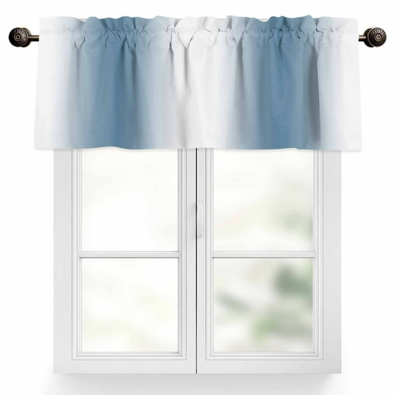 Blue White Ombre Valances for Windows, 42 x 18in, Gradient Color Rod Pocket Kitchen Valance Curtain Light Filtering Window Treatments for Living Room Bedroom, 1 Panel