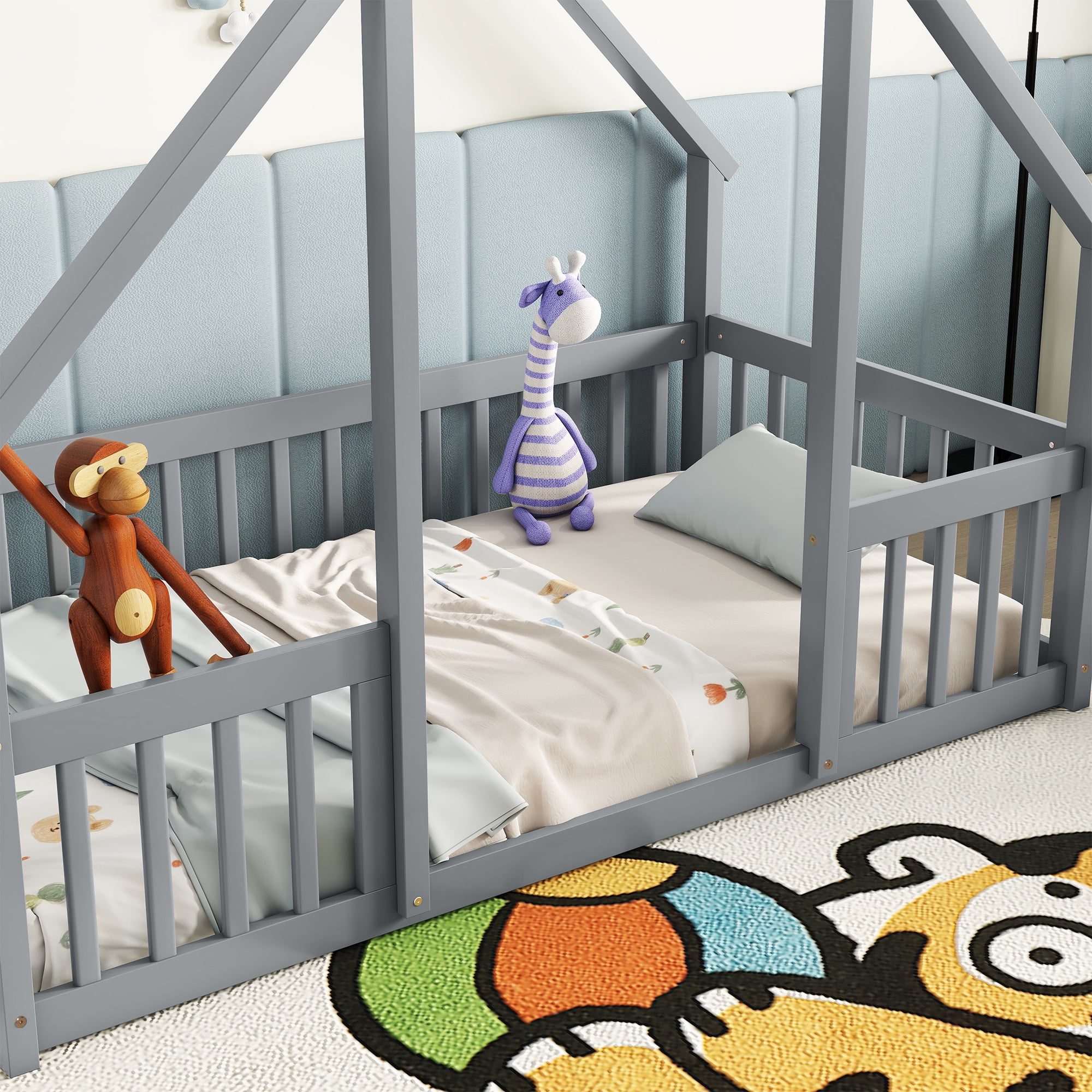 Miniyam Wood Twin Size Floor Bed with House-Shaped Design & Guardrails for Toddler, Gray