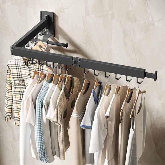 Retractable Wall Mounted Clothes Drying Rack, Space Saving Collapsible Laundry Rack for Bathroom Bedroom, Matte Black Aluminum Folding Hanger with 18 Hooks
