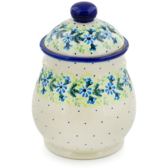 Polish Pottery 8-inch Jar with Lid (Blue Wreath Theme) Hand Painted in Boleslawiec, Poland Certificate of Authenticity