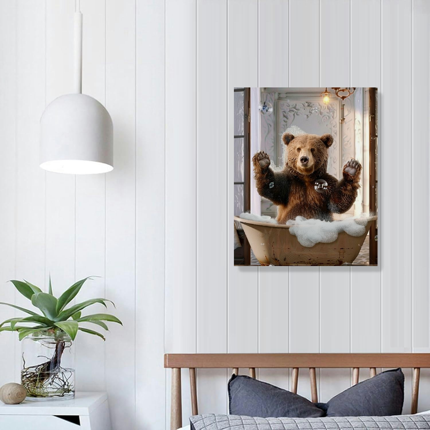 ARISTURING Funny Bear Bathroom Wall Art Bear Bathroom Pictures Wall Decor Farmhouse Bear Canvas Painting Bear in Bathtub Framed Artwork Ready to Hang