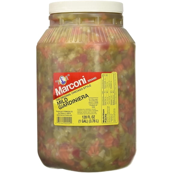 Marconi Mild Giardiniera, Chicago Style Vegetable Mix with Peppers, Carrots, Cauliflower, Celery Gherkins, Bulk Jar, 128 fl oz (1 Gallon)