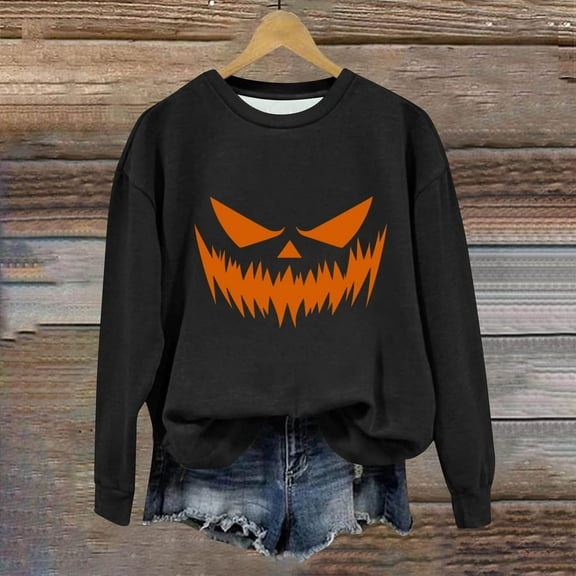 Women's Halloween Sweatshirts Long Sleeve Crewneck Pullover with Pumpkin Face Graphic Print Tops Fall Casual Comfortable Streetwear