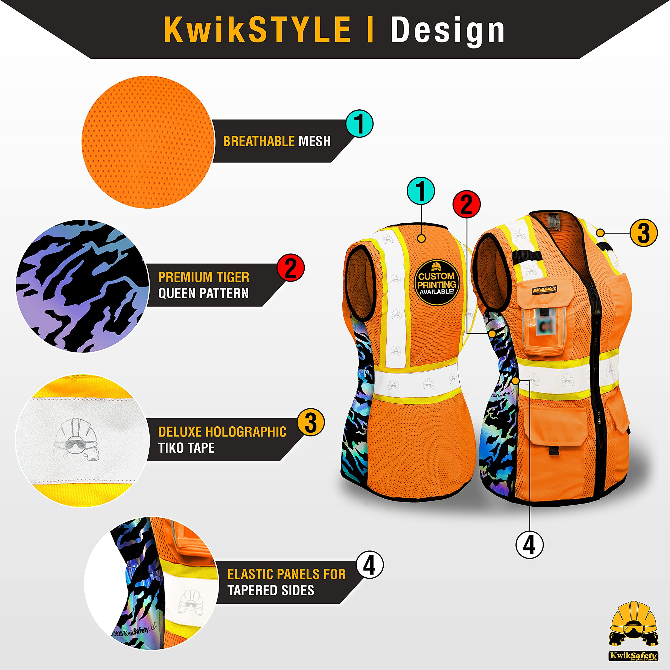 KwikSafety (Charlotte, NC) TIGER QUEEN Safety Vest for Women (IRIDESCENT Design) 9 Pockets Premium Class 2 Custom High Visibility ANSI OSHA Reflective Construction with Zipper | Orange Small
