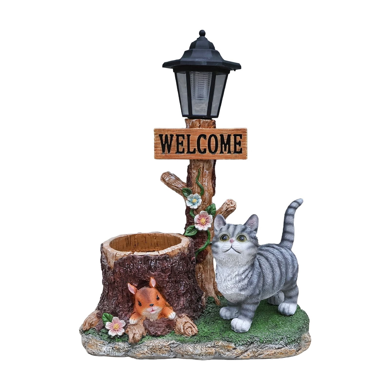Cat Solar Planter Statue for Outdoor Decor, Garden Statue with Built-In Planter and LED Light, Weather-Resistant Resin for Yard, Patio, Brown