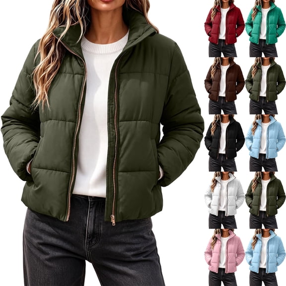Purcolt Women's Cropped Puffer Jacket Stand Collar Long Sleeve Lightweight Full Zip Short Quilted Padded Winter Coat Casual Warm Puffy Outerwear