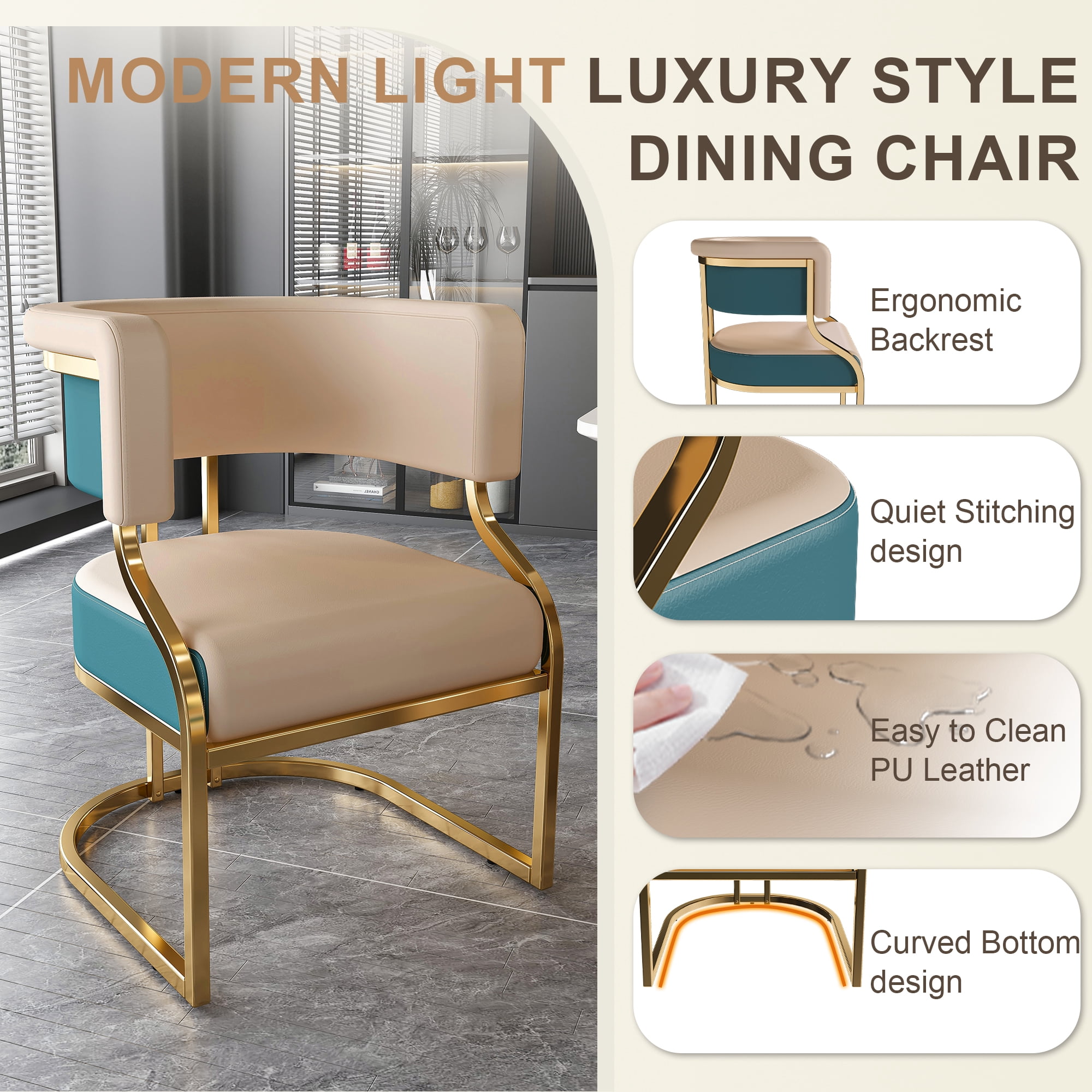 Set of 2 Modern Dining Chairs with Gold Plated Iron Frame, PU Upholstered Accent Chairs, Ergonomic Curved Back Armless for Kitchen, Dining Room, Apartment, Blue