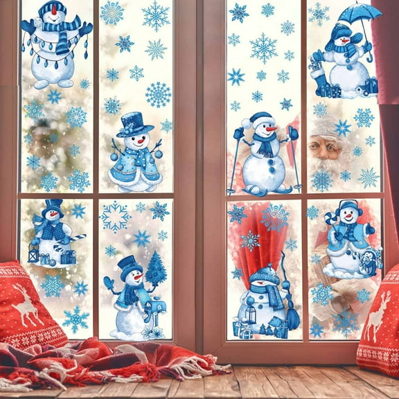 Hovilon Christmas Window Clings 9 Sheets,Christmas Blue Snowman Snowflake Window Decals Stickers,Removable Christmas Window Decorations for Glass Windows Xmas HOLIDAY Office Decor 9 Styles