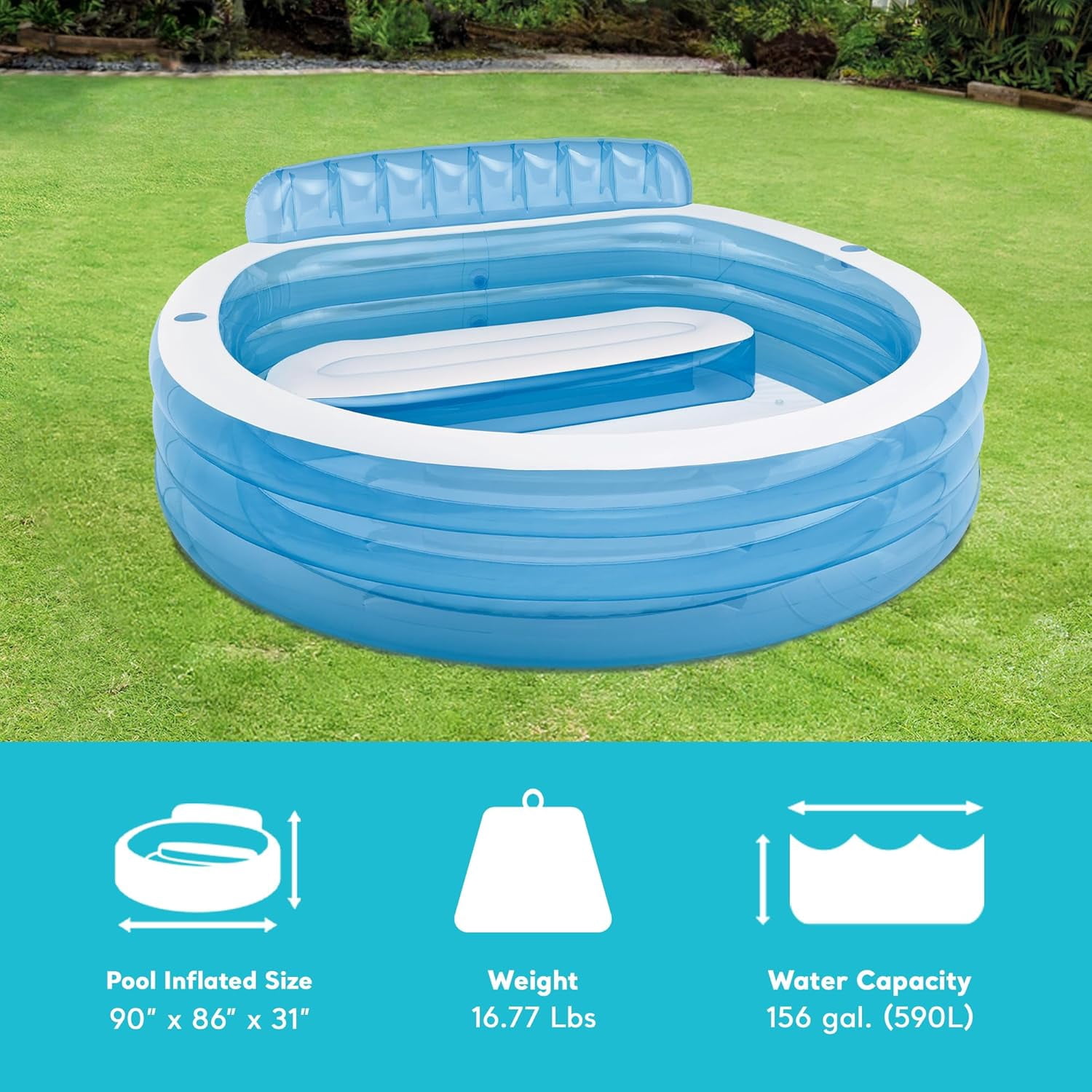 Swim Center Inflatable Family Lounge Pool: Built-In Bench – Cup Holder – 156 Gallon Capacity – 90" x 86" x 31" – Blue