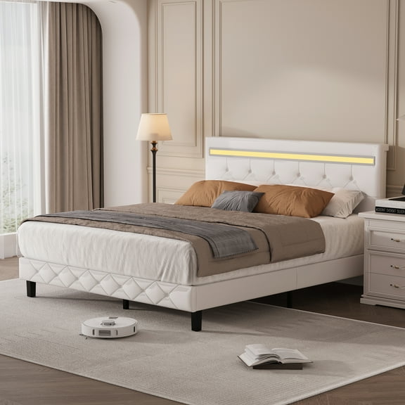 Forrise Queen Size Bed Frame with Upholstered LED Headboard, Built-in USB Ports & Power Outlets, No Box Spring Needed, White