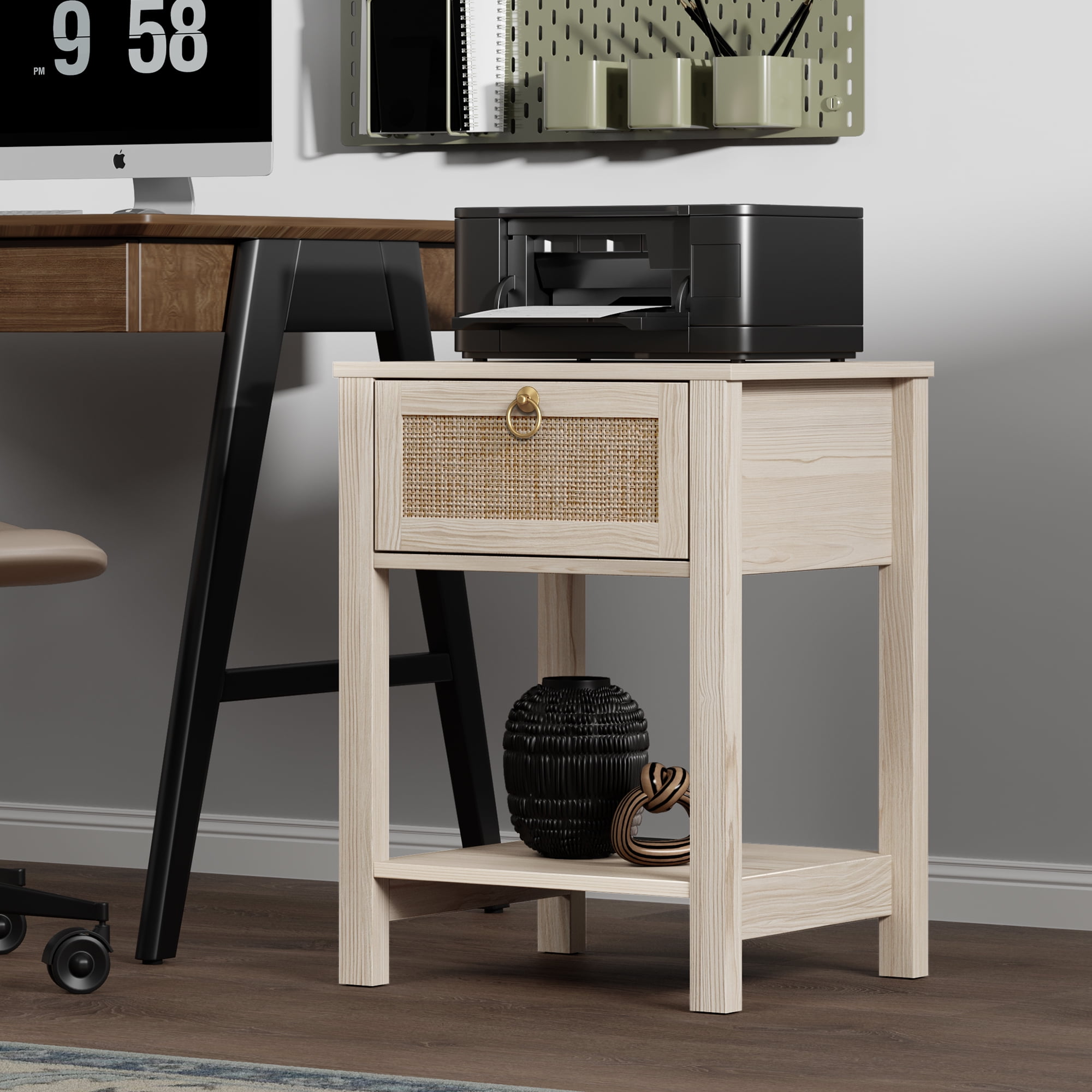 Surmoby 17.72"W Small Boho Nightstand Set of 2 with Rattan Drawer & Open Shelf, Coastal Farmhouse Bedside Table for Bedroom,White