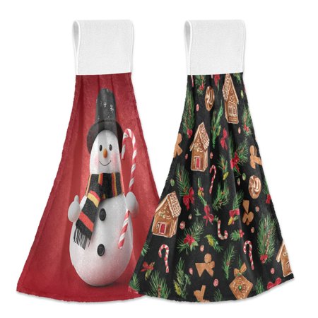 IAUYY Kitchen Hanging Towels Set of 2 100% Polyester Absorbent Super Soft Hand Towels with Hanging Loops for Bathroom Kitchen Holding A Candy Cane Green Plants and Llollipops