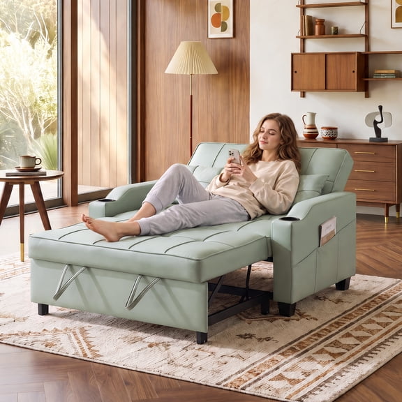 Ktaxon Faux Leather Loveseat Sofa Bed with Side Pockets, Adjustable Backrest Lounge for Living Room, Game Room Green