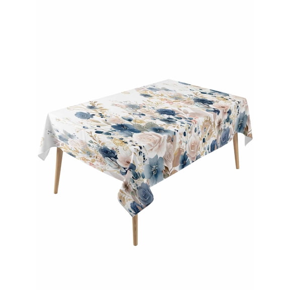 Navy Blue Spring Floral Table Cloth, Waterproof Tablecloth for Rectangle Tables, Elegant Pastoral Flowers Watercolor Reusable Washable Fabric Table Cover for Restaurant Kitchen Dining Tables 60"x120"