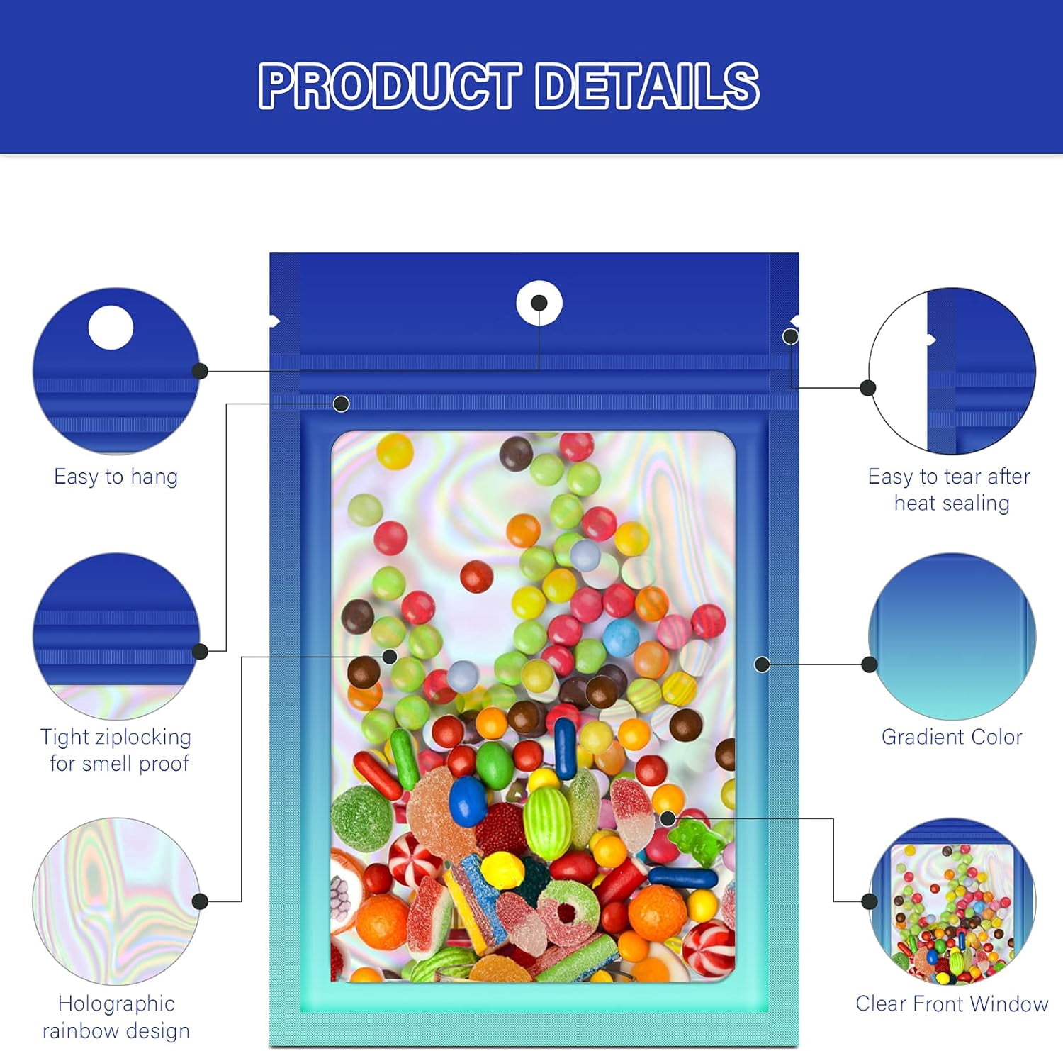 100 Holographic Gradient Mylar Bags with Clear Window, Resealable Zip Pouch, Packaging Party Sample Bags (Gradient Blue, 4.1x5.9 Inch)