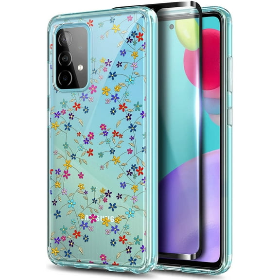Nagebee Case for Samsung Galaxy A52 5G with Tempered Glass Screen Protector (Full Coverage), Ultra Slim Plastic Hard Back with TPU Bumper Protective Case Cover (Flower)