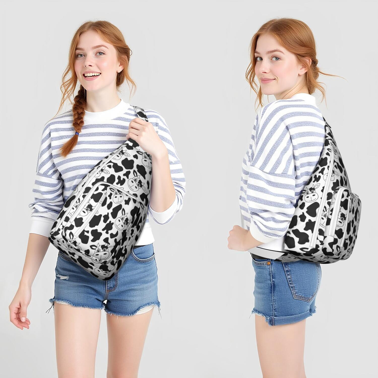 Rustic Cow Lovers Sling Backpack - Farmhouse Canvas Crossbody Bag with Bull & Cow Print, Funny Casual Daypack for Men/Women (Durable Shoulder Pack, Perfect Gift)