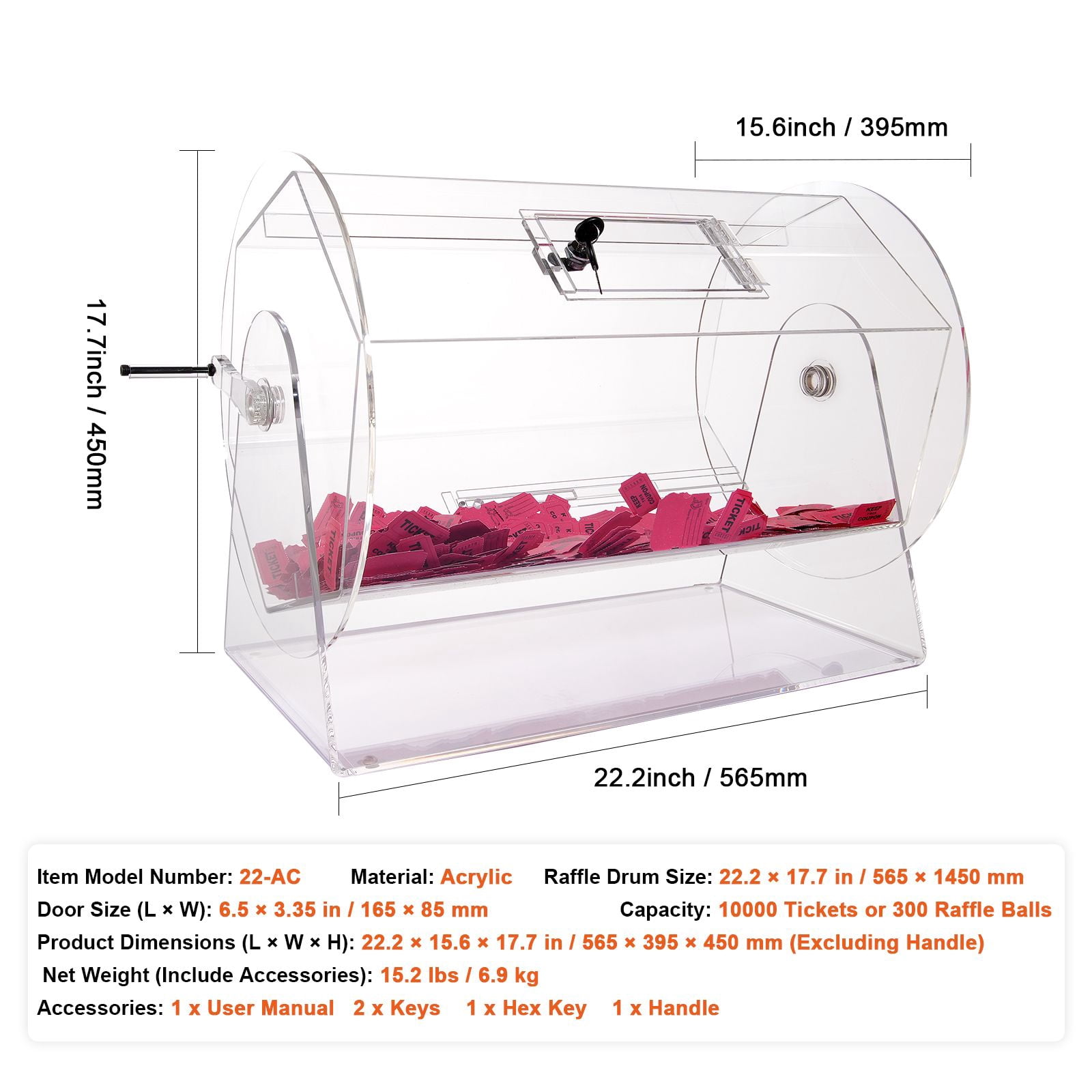 Acrylic Raffle Drum, Professional Raffle Ticket Spinning Cage with 2 Keys, Transparent Lottery Spinning Drawing, Holds 10000 Tickets or 300 Raffle Balls, Raffle Ticket Box for Lottery Games Bing