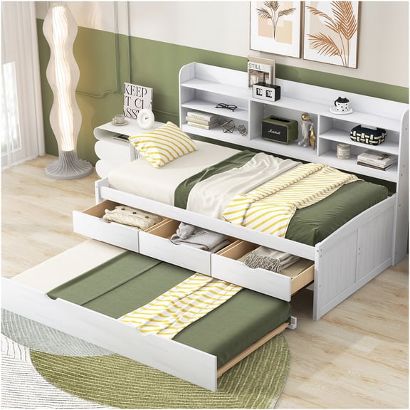 Twin Captain Bed with Bookshelf Headboard and Trundle Drawers, White Wash Storage Platform Bed