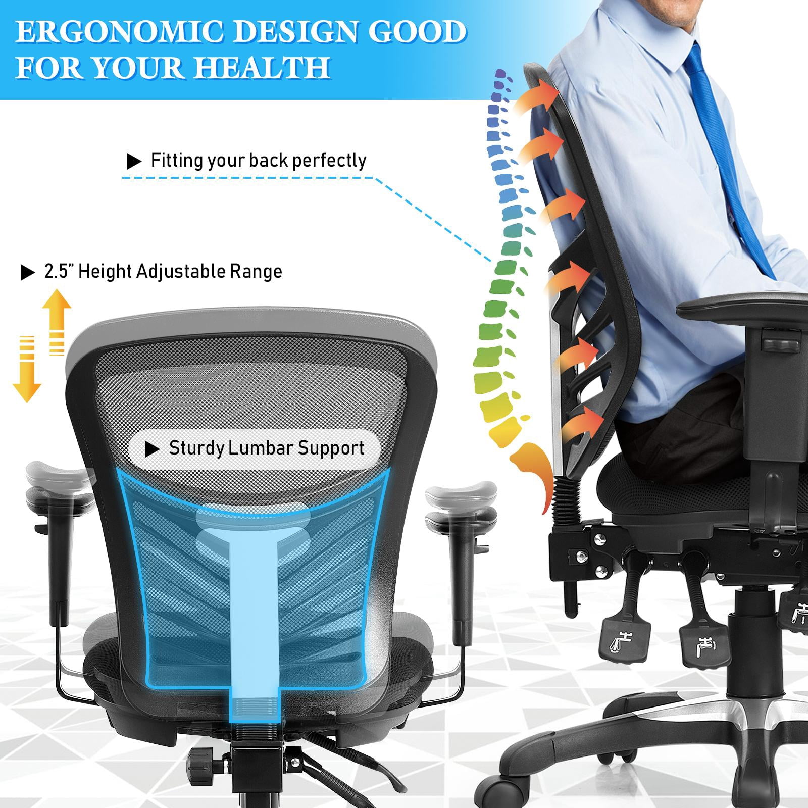 Giantex Mesh Office Chair, 3-Paddle Control, Lumbar Support, Adjustable Armrest and Backrest, Ergonomic Mid-Back Reclining Executive Chair for Working, Gaming (Black)