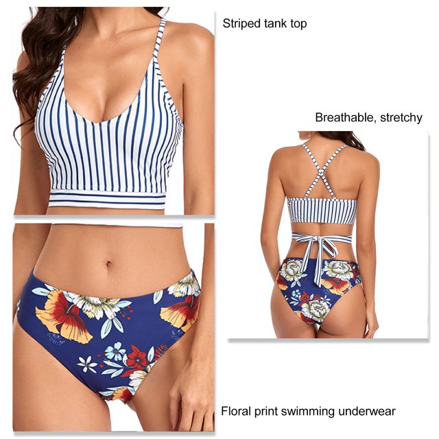 Two Piece Bathing Suit, Fashionable Elastic Striped Tank Tops Floral Print Panties Bikini Swimwear For Pool Party For Women