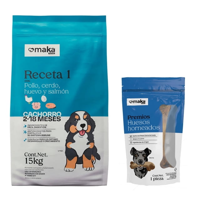 Alimento Maka Receta 1 Cachorro 15 Kg + Un Premio Para Perro Hueso Femur Horneado